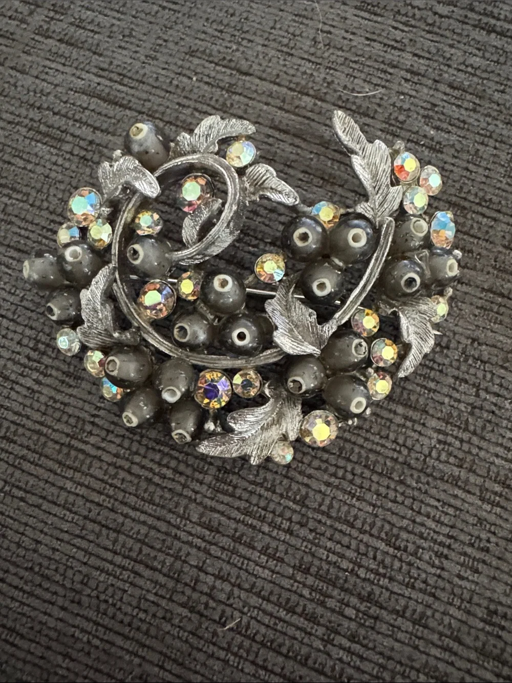 Signed Vintage ©BSK Aurora Borealis Rhinestone & Beaded Berry Leaf Brooch